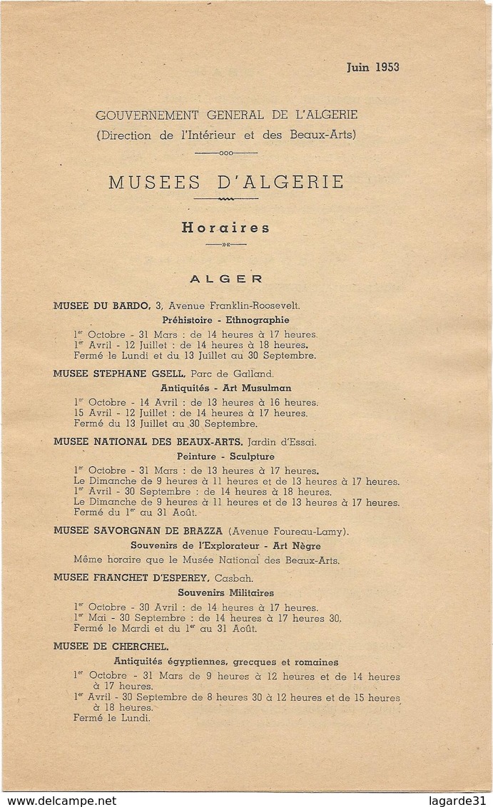 Musées D'algerie - Horaires Juin 1953 - Gouvernement Général (4 Pages) - Europe