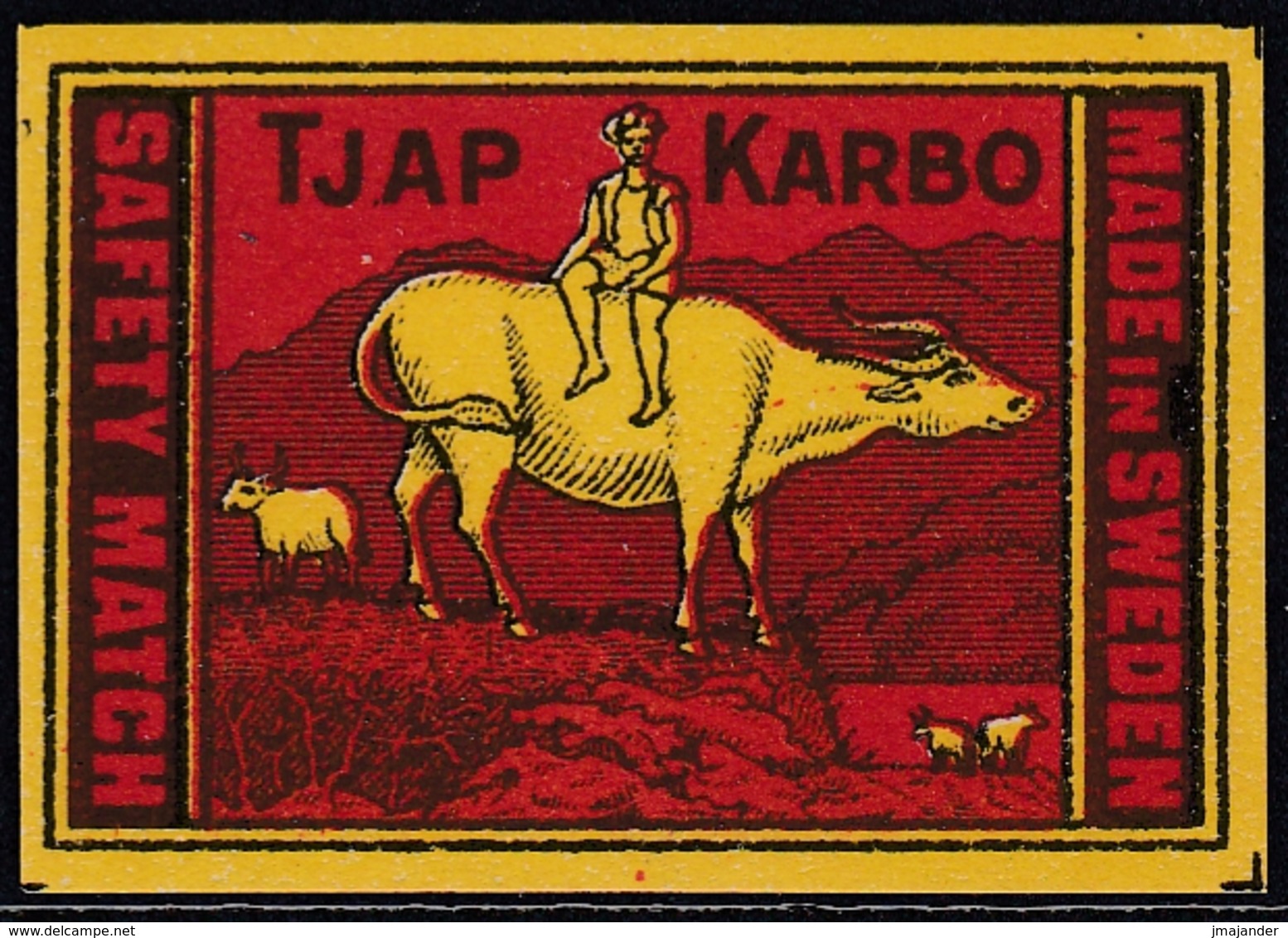 Sweden - Export Matchbox Label - Tjap Karbo: Indian Man On Water Buffalo - ** MNH - Boites D'allumettes - Etiquettes