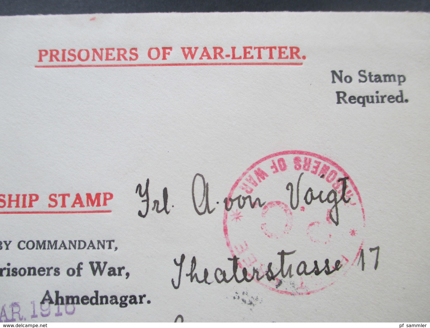 DR 1916 POW Prisoners Of War Letter Censorship Stamp Passed By Commandant Ahmednagar. Indien!! Sehr Selten Angeboten RRR - 1911-35  George V