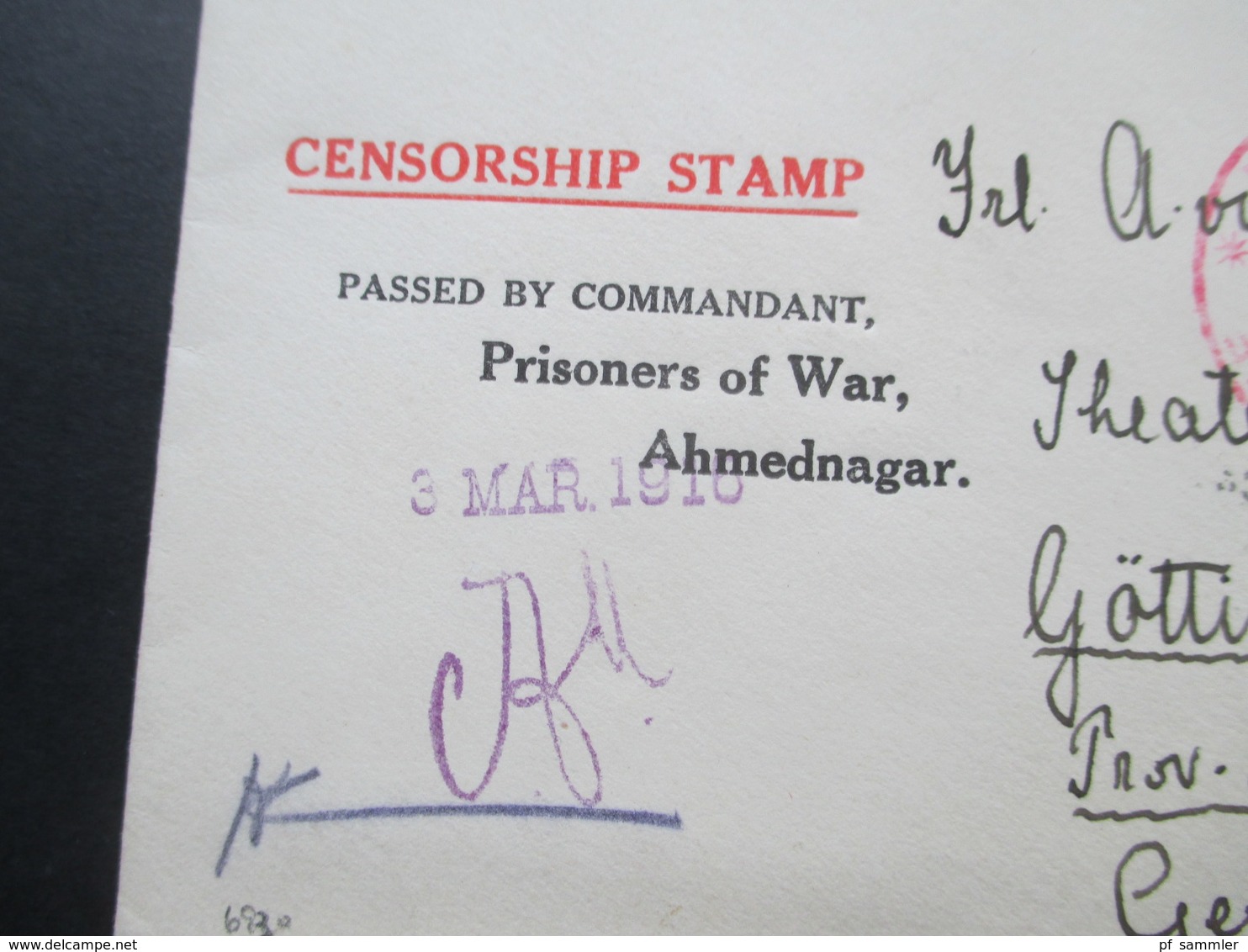 DR 1916 POW Prisoners Of War Letter Censorship Stamp Passed By Commandant Ahmednagar. Indien!! Sehr Selten Angeboten RRR - 1911-35 King George V