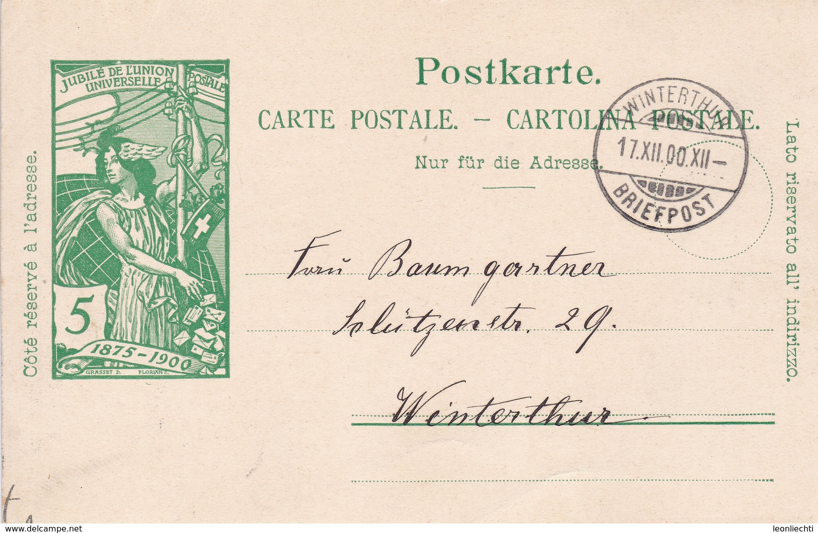 Postkarte, Cartolina Postale, Jubile De L'Union Postale Universelle. Gelaufen WINTERTHUR N. WINTERTHUR Am 17.XII.1900 - Interi Postali