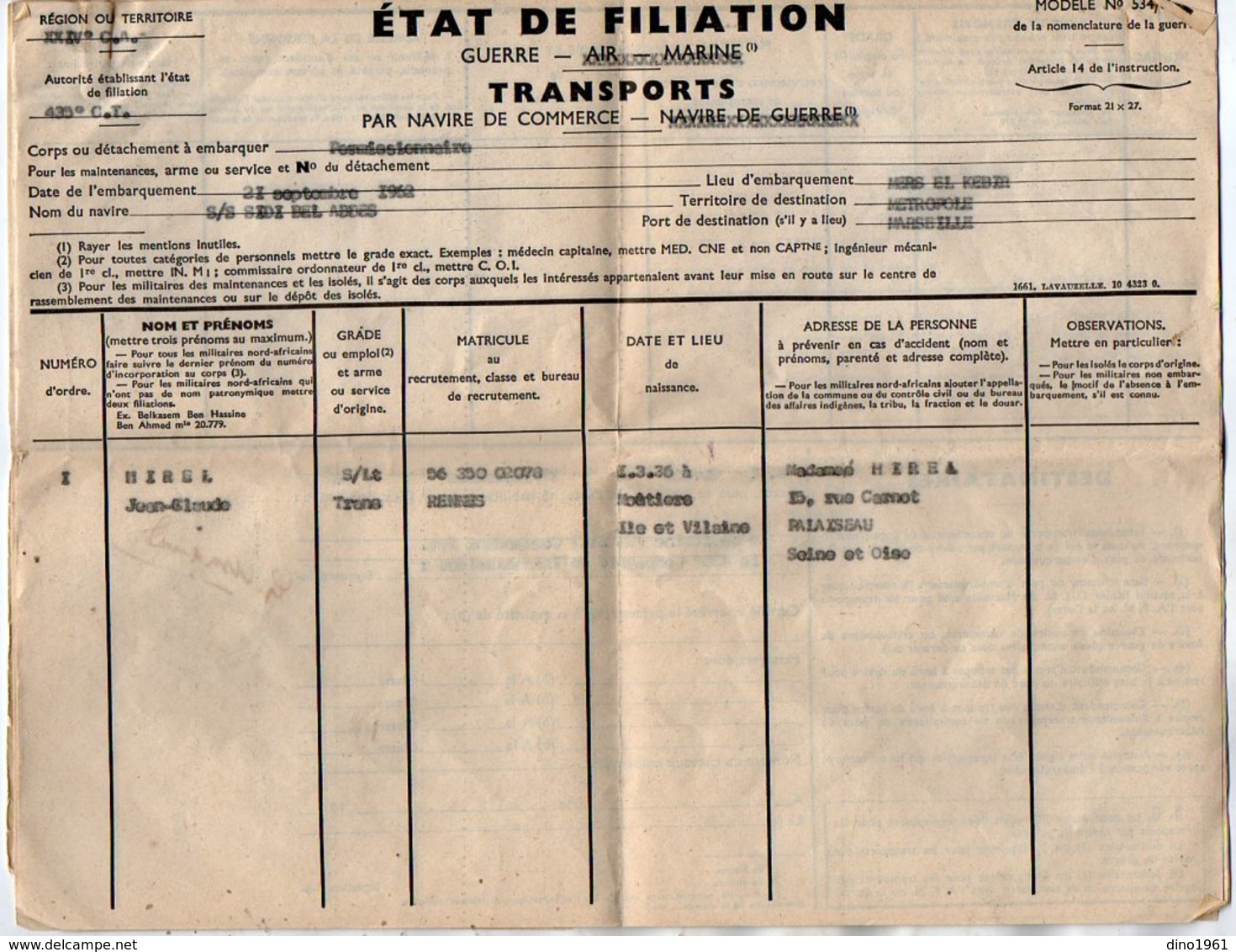 VP12.828 - MILITARIA - 7 Ordres De Transports Par Navire - Soldat J.C HIREL Né à MOUTIERS - Documents