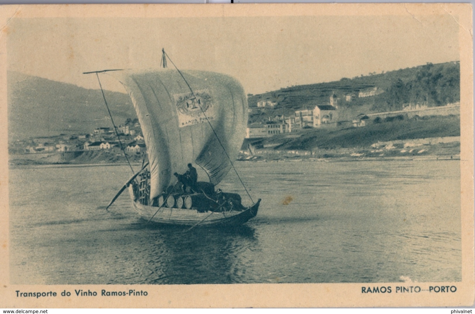 PORTUGAL , TARJETA POSTAL CIRCULADA , TEMA BARCOS , TRANSPORTE DE VINO RAMOS - PINTO - Comercio