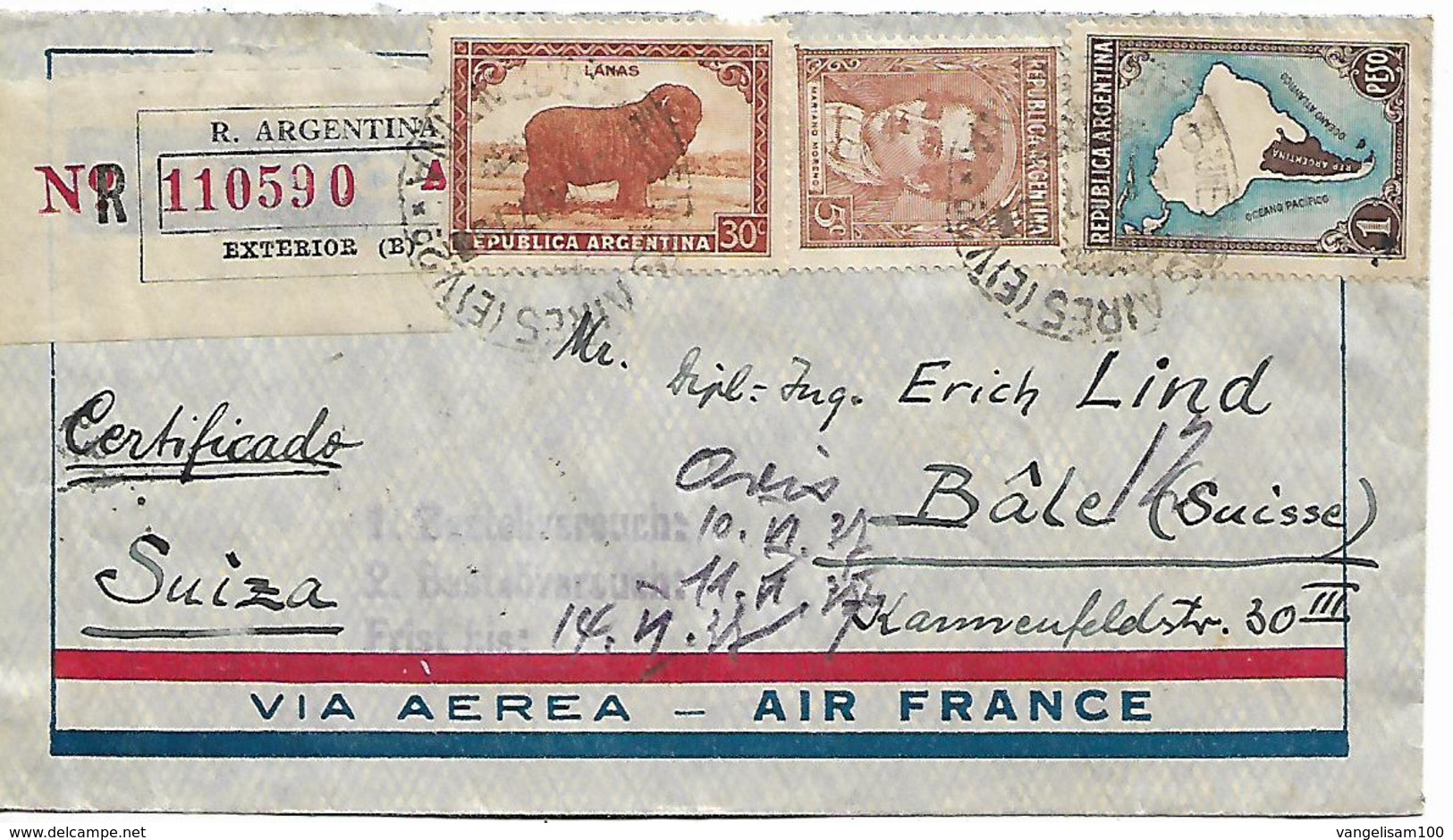 ARGENTINA 1937 Registered Cover Sent To Bale 3 Stamps COVER USED - Covers & Documents