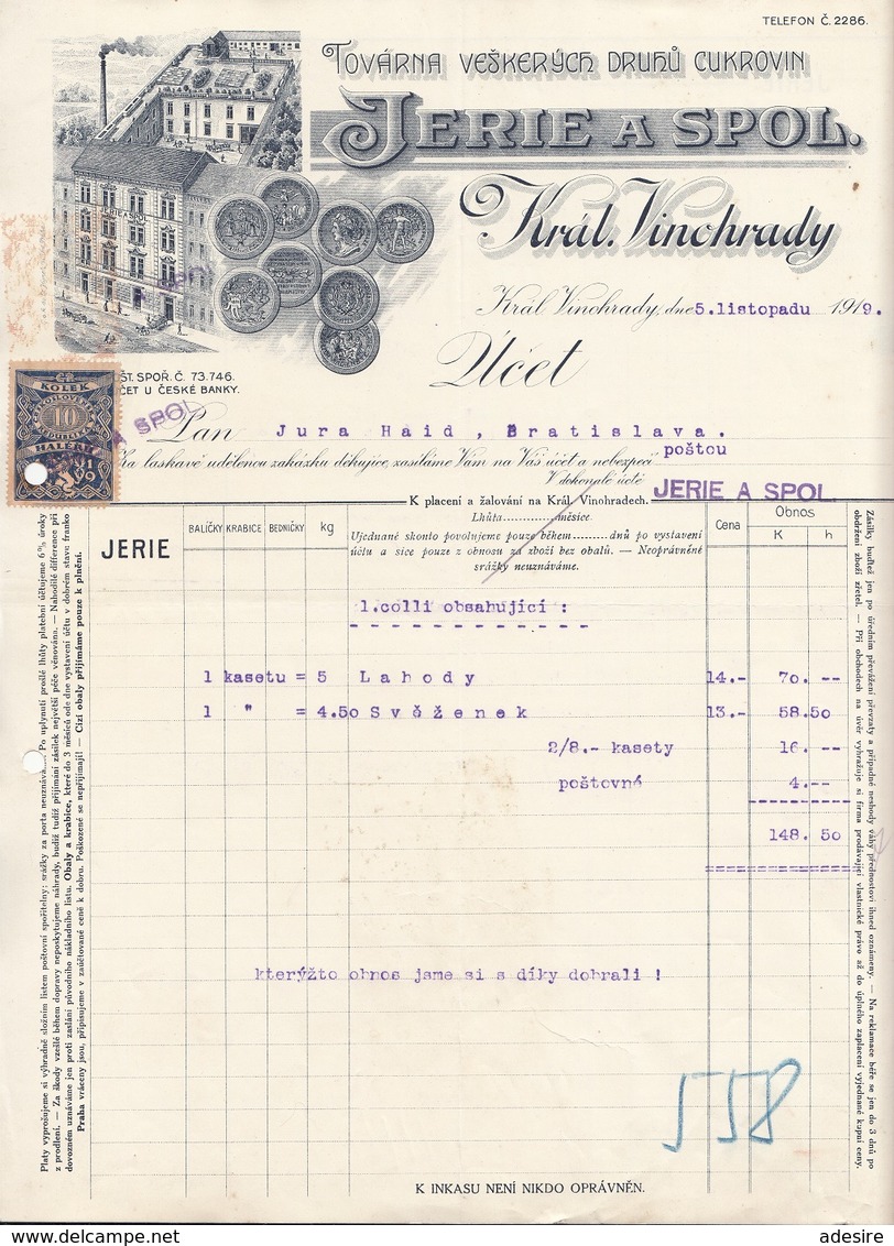 1919 RECHNUNG D.Fa. JERIE A SPOL. Vinchrady, 10 H Stempelmarke, Sehr Schönes Lithographisches Firmenlogo, A3 Format, ... - Sonstige & Ohne Zuordnung