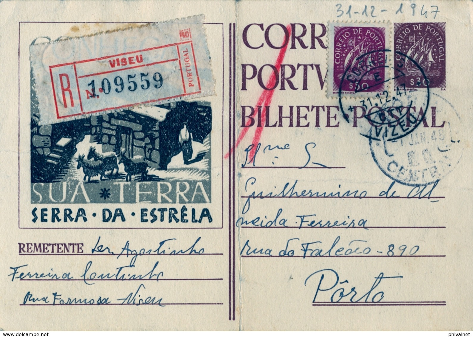 1947 , ENTERO POSTAL CERTIFICADO , FR. COMPLEMENTARIO , VISEU - OPORTO , SERRA DA ESTRELA - Brieven En Documenten