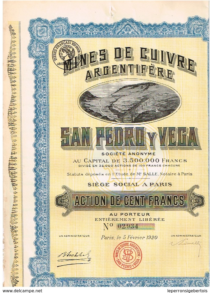 Ancienne Action - Mines De Cuivre Argentifère San Pedro Y Vega - Titre De 1920 - N° 02934 - Mines
