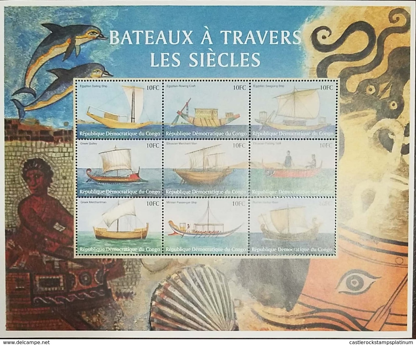 O) 2013  CONGO,  BOATS ACROSS THE CENTURIES- DOLPHIN . OCTOPUS, MNH - Nuevas/fijasellos