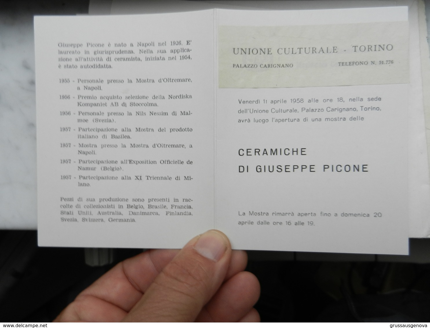 7c) MOSTRA TORINO PALAZZO CARIGNANO UNIONE CULTURALE CERAMICHE DI GIUSEPPE PICONE 1958 CIRCA - Programmi