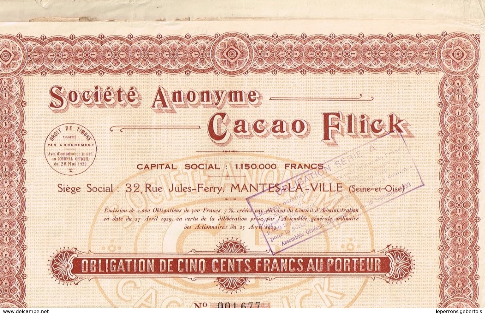 Obligation Ancienne - Société Anonyme Cacao Flick - Titre De 1929 - N° 001.677 - Industrie