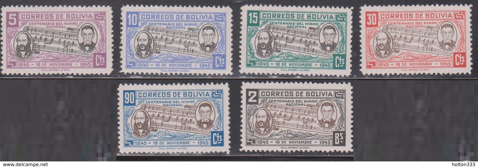 BOLIVIA Scott # 308-13 MH - Centenary Of National Anthem - Bolivia