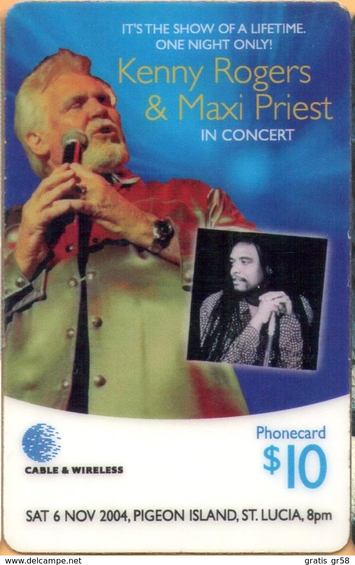 Saint Lucia - GSM Refill, Kenny Rogers & Maxi Priest In Concert, Music, 10 EC$, 2004, Used As Scan - Sainte Lucie