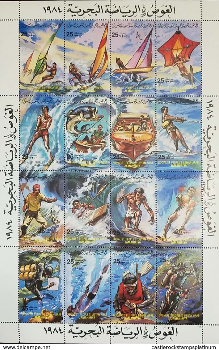 O) 1984 LIBYA, WATER SPORTS  - WINDSURFES -TWO MAN - BIRDS -WIND SAILING -SKIER FACING -FISHERMAN-POWER BOATING-SKIER FA - Libië