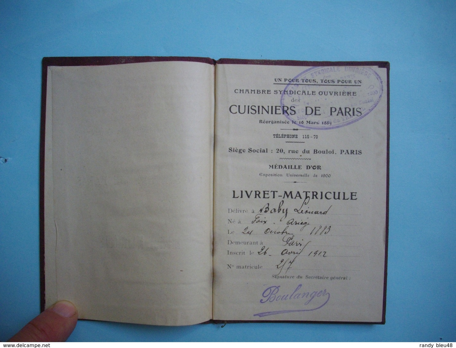 LIVRET MATRICULE De La Chambre Syndicale Des CUISINIERS De PARIS - 1912  - Feuille Pointage - Timbre Syndical - Autres & Non Classés