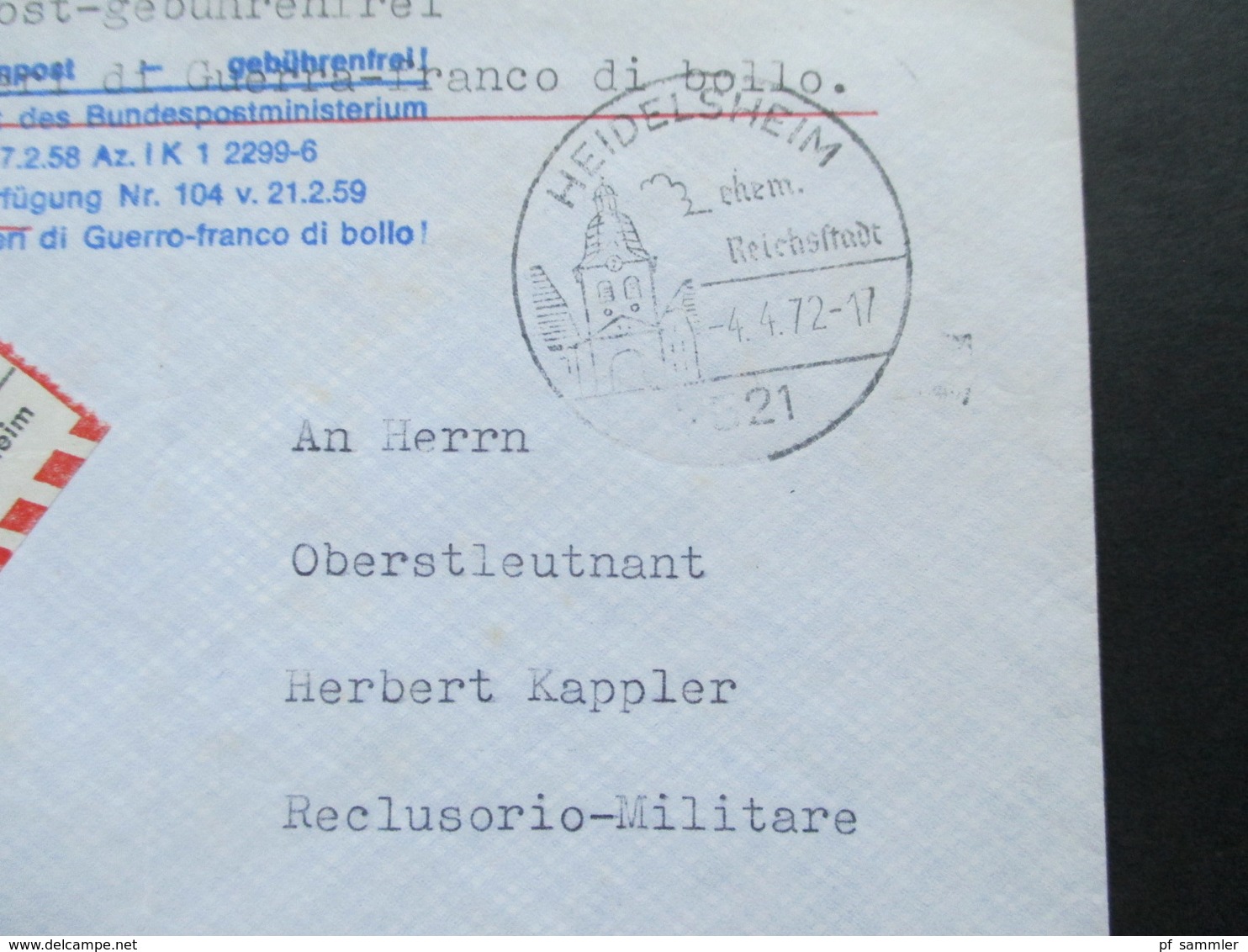 Kriegsgefangenbrief 1972 An Den Kriegsverbrecher SA / SiPo Herbert Kappler Militare Reclusorio Gaeta Italien - Militares