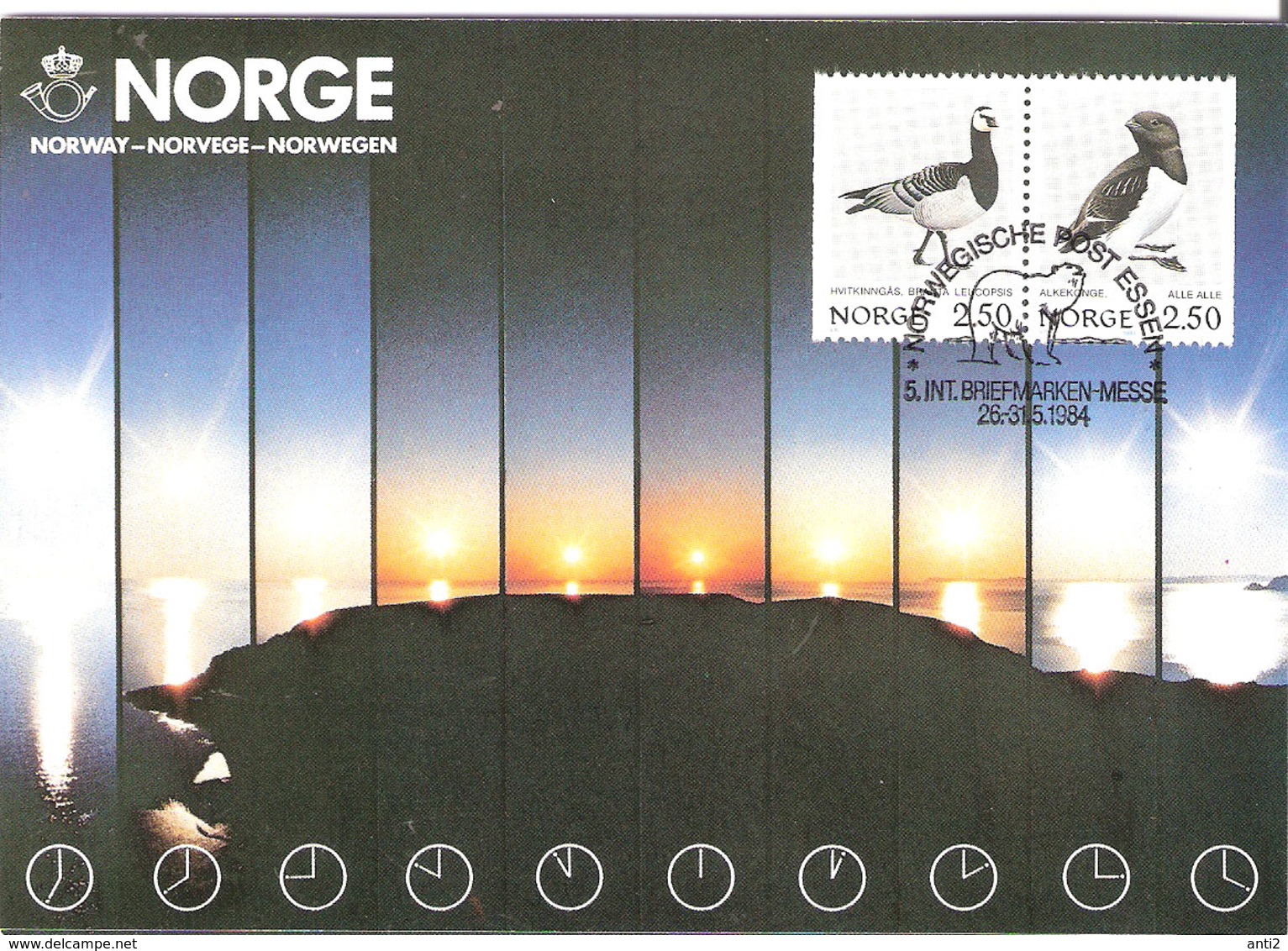 Norway Card 1984 Midnight Sun With Bird Stamps, Ice Bear In Special Cancellation 5. Int. Briefmarken Messe, Essen, Card - Maximumkarten (MC)