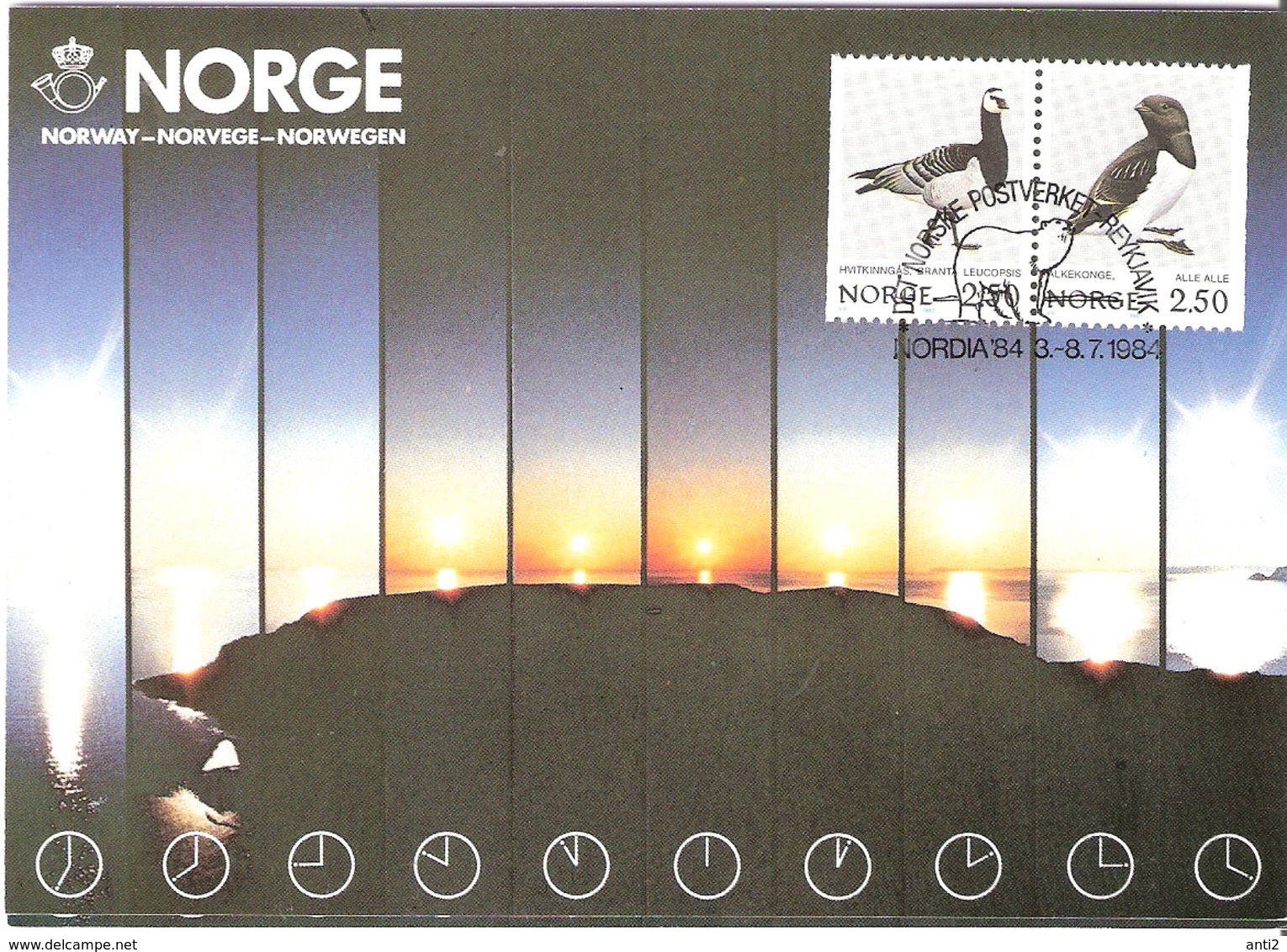 Norway Card 1984 Midnight Sun With Bird Stamps, Ice Bear In Special Cancellation Nordia '84, Reykjavik, Card - Maximum Cards & Covers