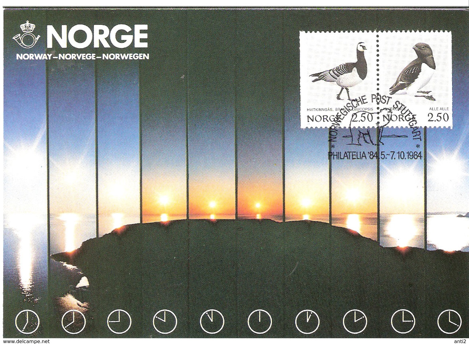 Norway Card 1984 Midnight Sun With Bird Stamps, Ice Bear In Special Cancellation Philatelia '84, Stuttgart, Card - Maximumkarten (MC)