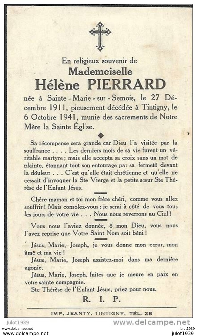 TINTIGNY ..-- Mademoiselle Hélène PIERRARD , Née En 1911 à SAINTE - MARIE , Décédée En 1941 à TINTIGNY . . - Tintigny