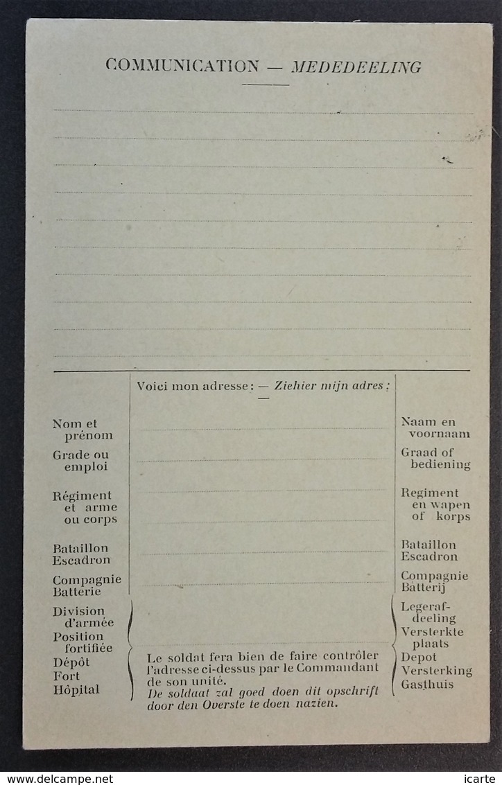 Carte De Franchise Militaire CORRESPONDANCE DES SOLDATS BELGES Imprimée à CALAIS 1915 - Covers & Documents