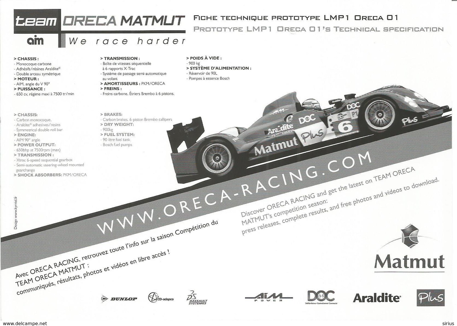 Carte AIM TEAM ORECA MATMUT ( ORECA 01 LMP1 ) Dédicacée Par Les Pilotes - Endurance Le Mans Series 2010 - Autographes