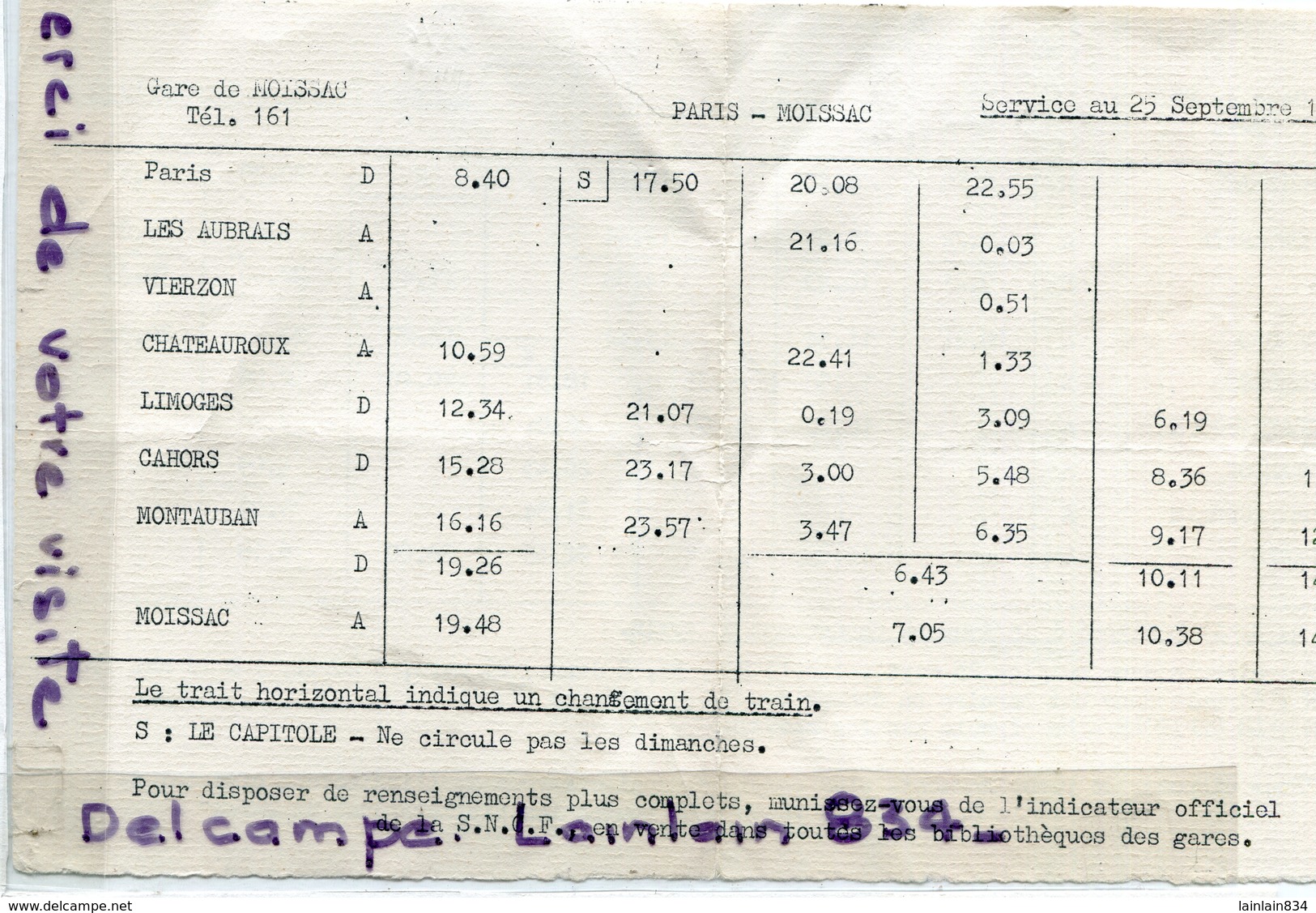 - S N C F - Horaire De Train - Ligne MOISSAC - Paris, Septembre 1966, Le Capitole, BE, Scans.. - Europe