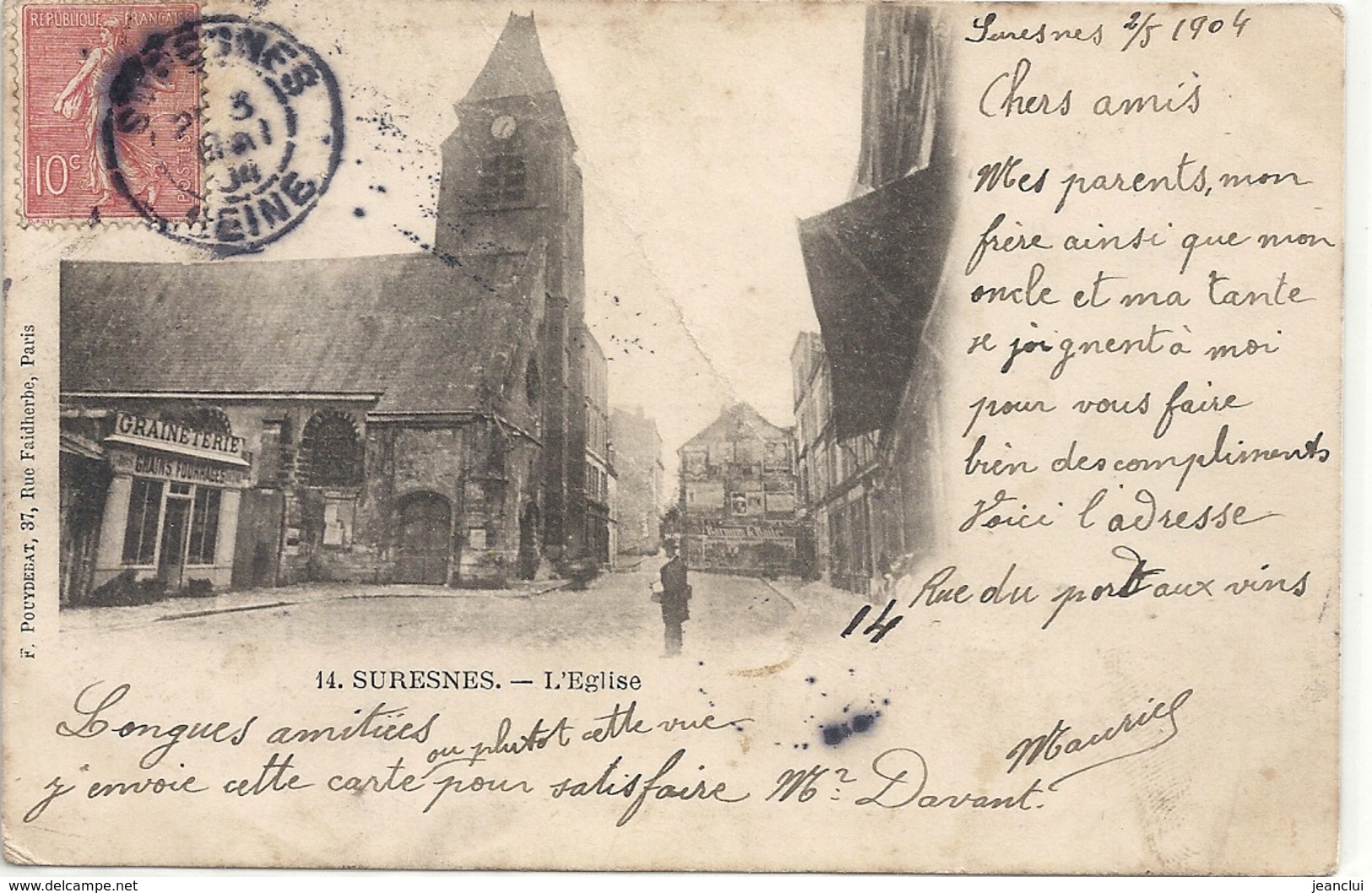 SURESNES . L'EGLISE . PETITES TRACES DE PLI . AFFR LE 2/5/1904 SURRECTO . DOS NON DIV - Suresnes