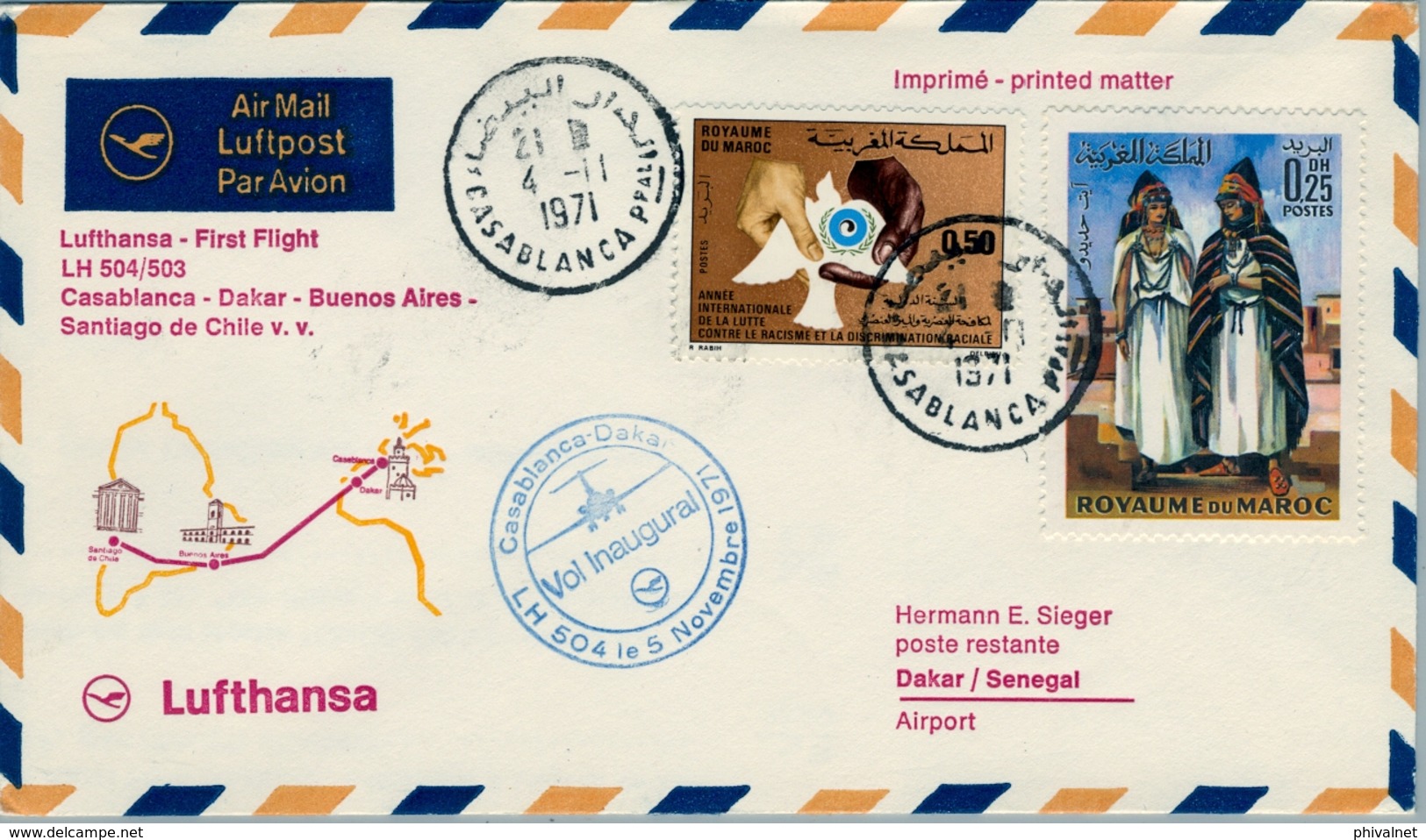 1971 , MARRUECOS , PRIMER VUELO CASABLANCA - DAKAR , LUFTHANSA - Marocco (1956-...)