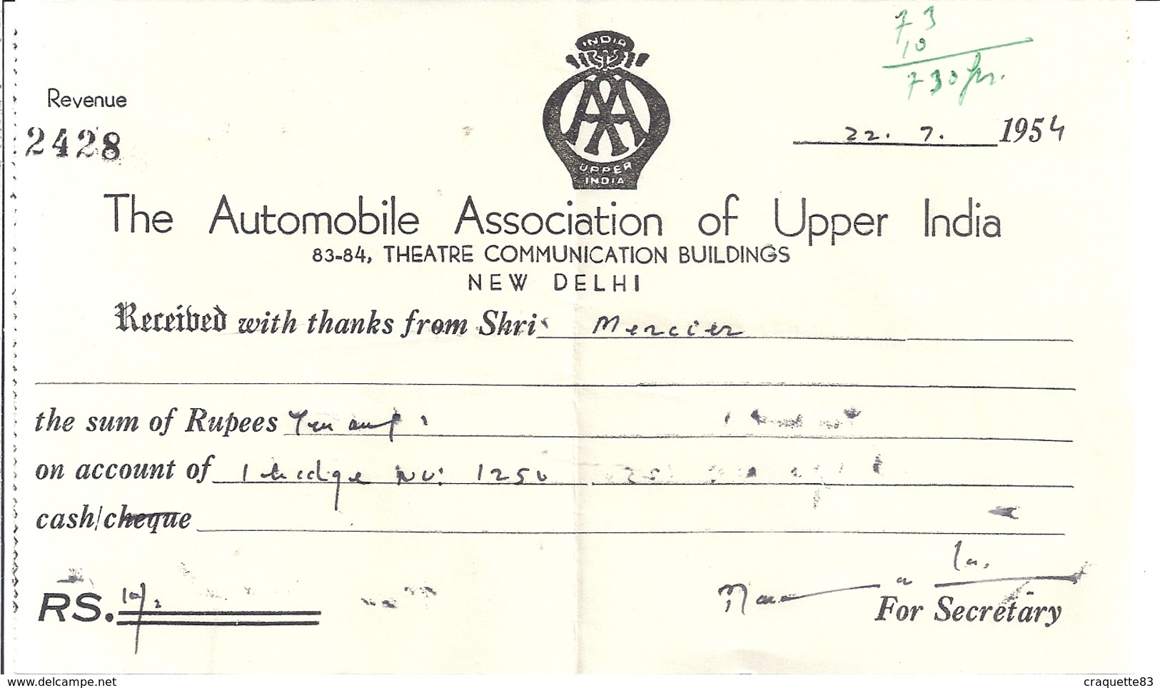 INDE-RECU -THE AUTOMOBILE ASSOCIATION OF UPPER INDIA NEW DELHI 2428   1954 - Other & Unclassified