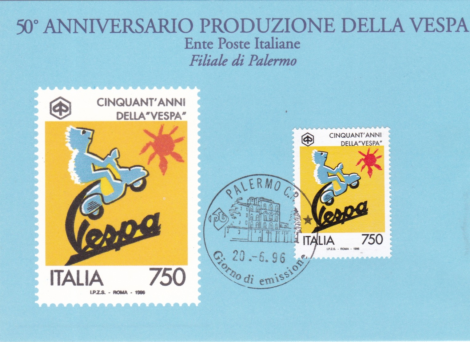 CARTOLINA FDC DEL 50° ANNIVERSARIO DELLA VESPA DELLA FILIALE DI POSTE ITALIANE A PALERMO - Palermo