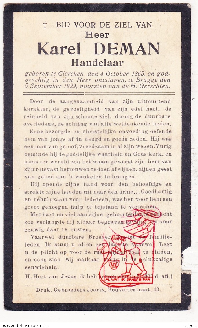DP Handelaar Karel Deman ° Klerken Houthulst 1865 † Brugge 1929 - Imágenes Religiosas