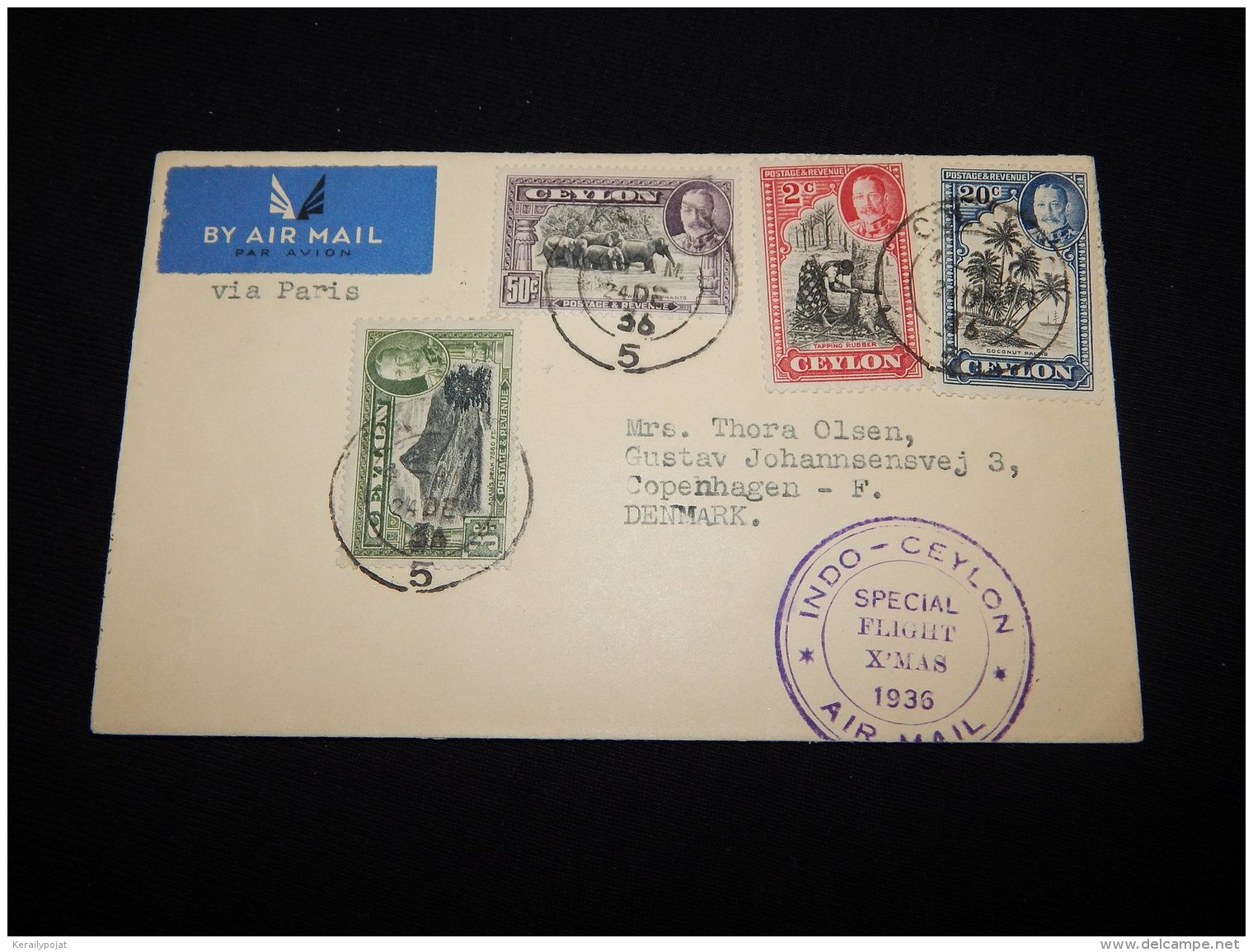 Ceylon 1936 Special Flight Xmas Cover To Denmark__(L-20359) - Ceylan (...-1947)