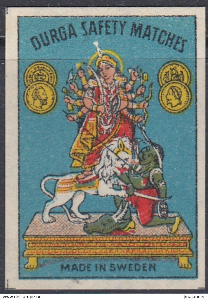 Sweden - Export Matchbox Label - Durga Safety Matches: Vishnu, Lion, Head Of Bull - ** MNH - Zündholzschachteletiketten