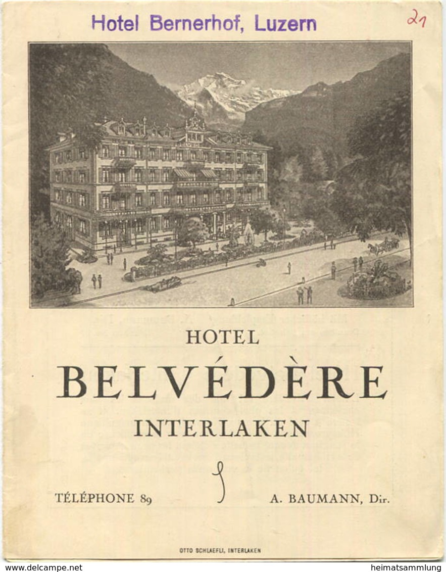 Schweiz - Interlaken - Hotel Belvedere - Hotel Wildenmann (Sauvage) Meiringen 20er Jahre - Faltblatt In Postkartengrösse - Reiseprospekte