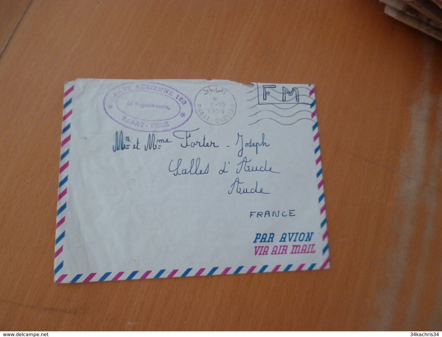 Lettre Maroc 08/10/1958 En FM Base Aérienne 150 Rabat Ville Pour Salles D'Aude - Morocco (1956-...)