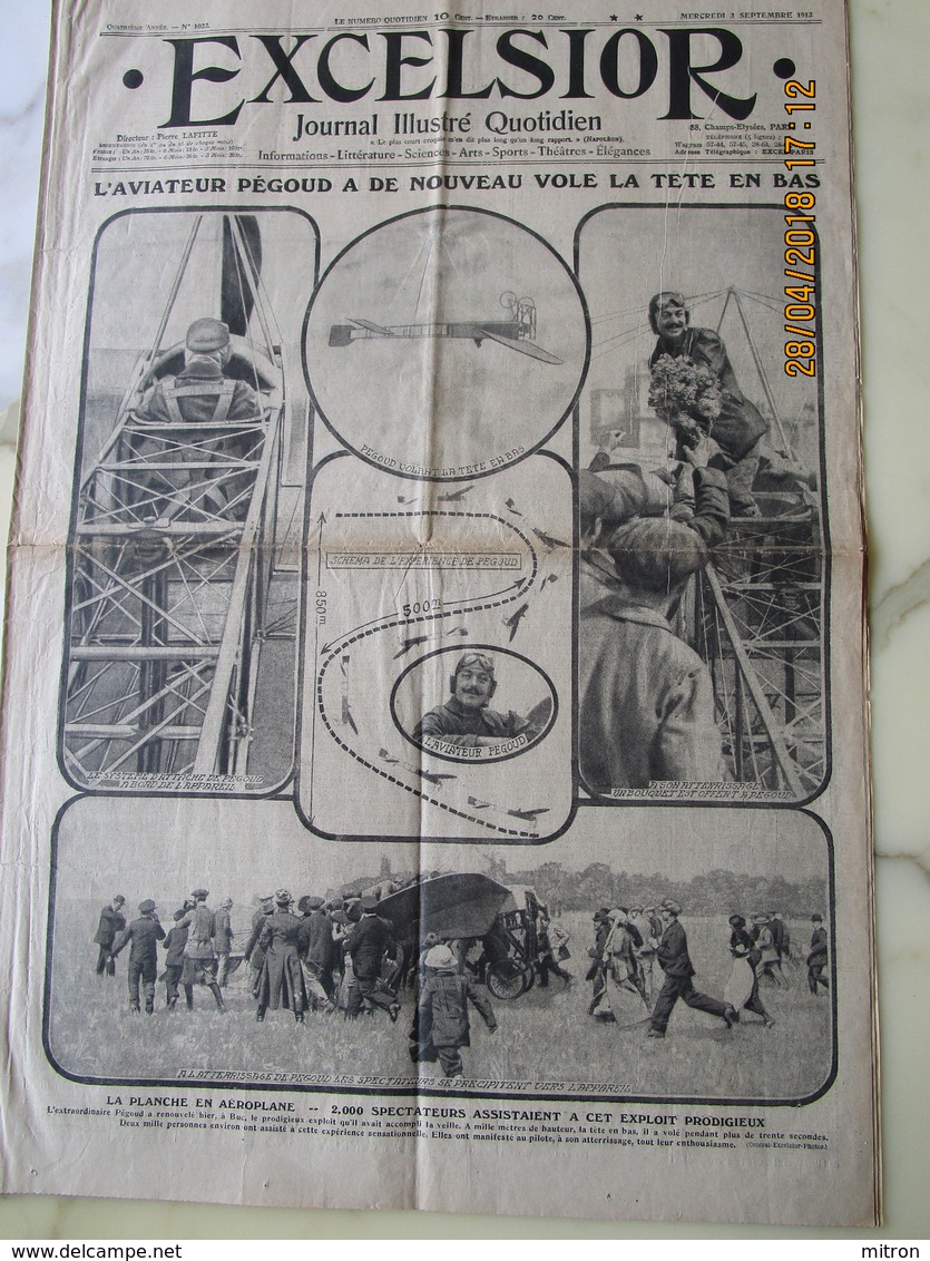 RARE:EXCELSIOR Journal Illustré Quotidien Du 3 Septembre 1913- Pégoud Vol La Tête En Bas - Informations Générales