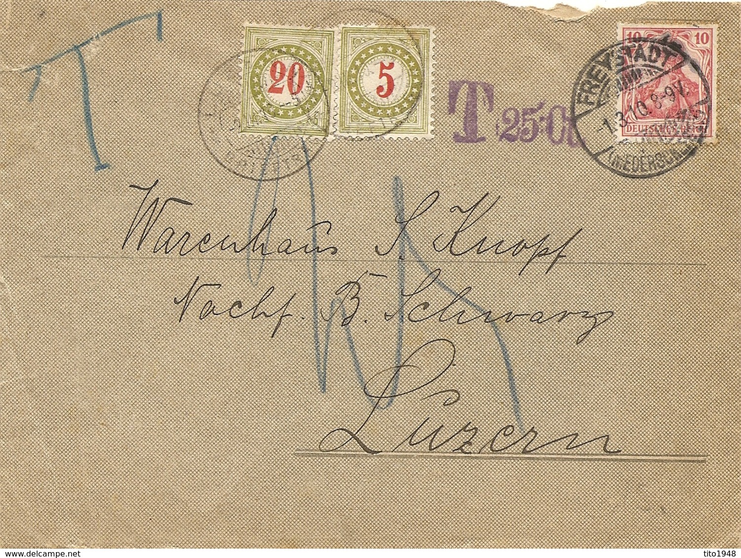 Switzerland, 2.3.1910 Cover From  Germany, Freystadt  To Luzern, Porto, Zu 24A+26A, See Scans! - Covers & Documents