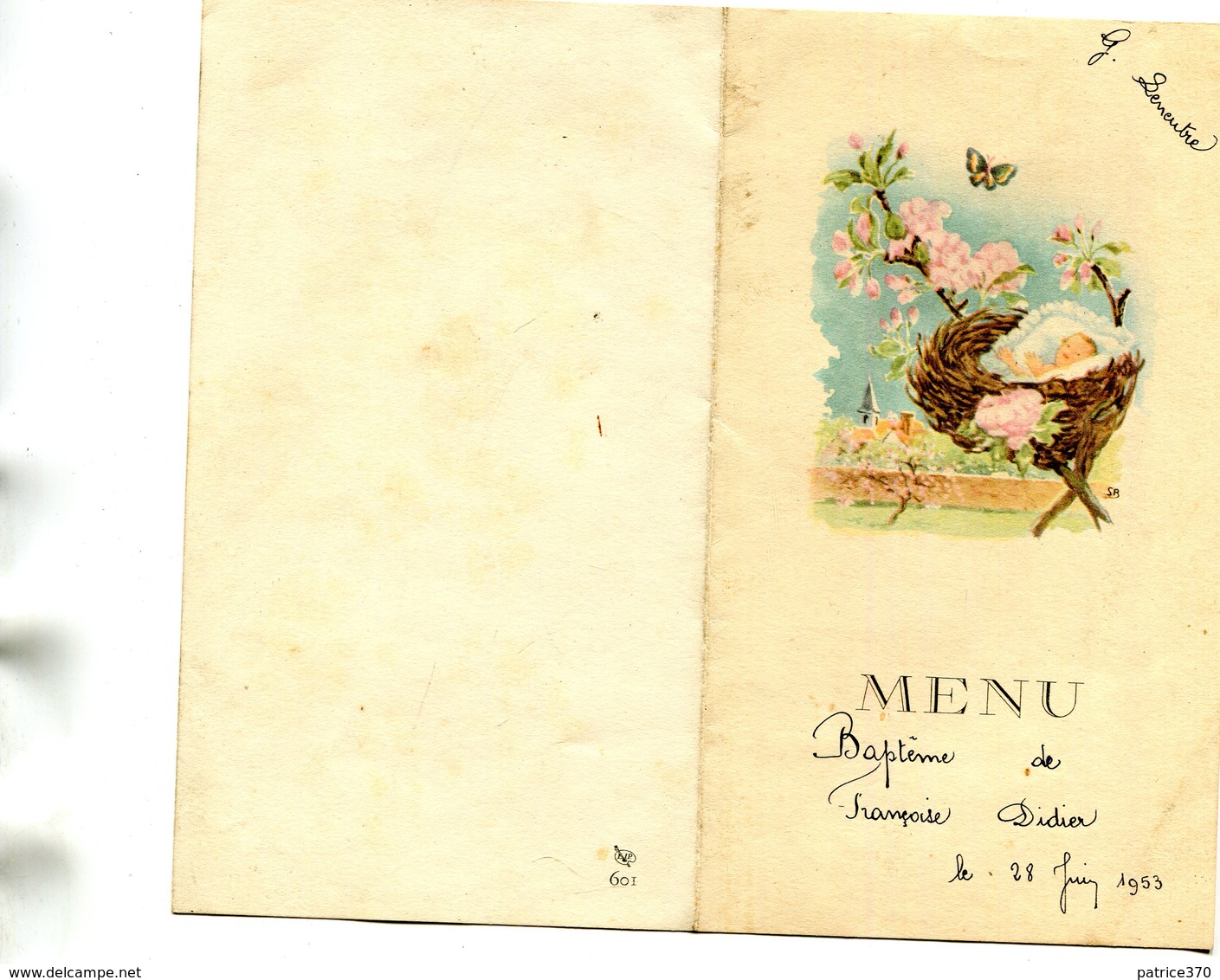 Menu Du Baptême De Françoise Didier Le 28 Juin 1953 Illustré Bébé Au Nid - Menus