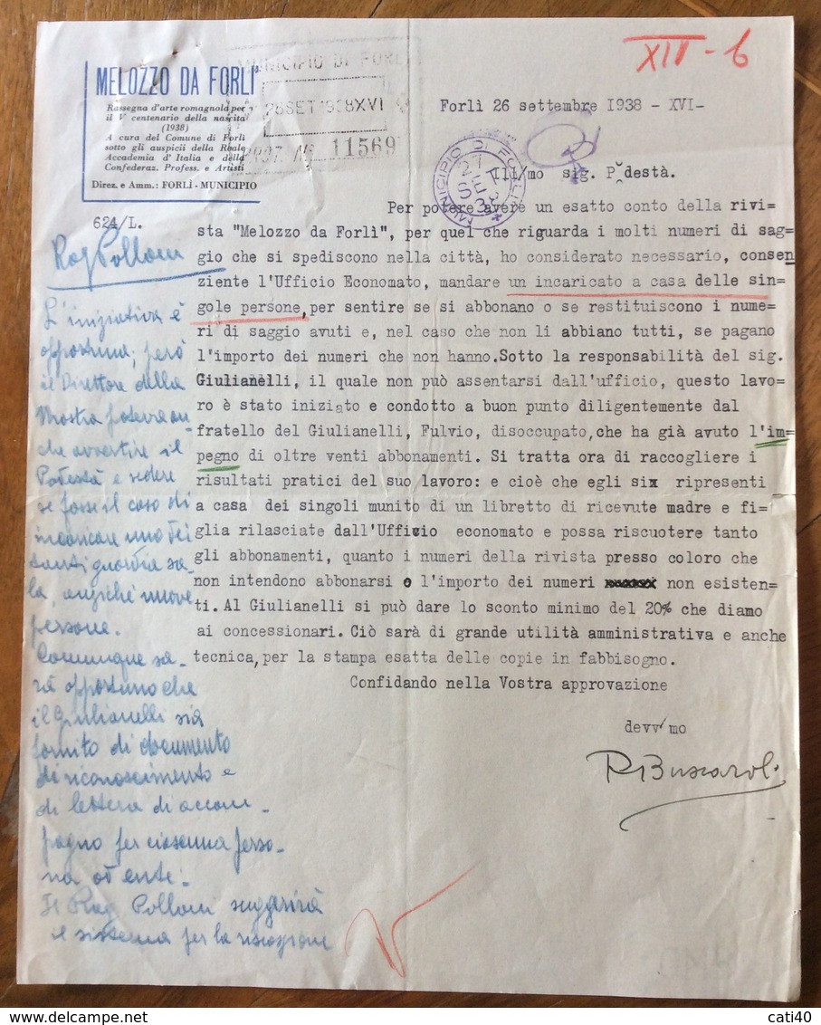 MELOZZO DA FORLI' RASSEGNA D'ARTE ROMAGNOLA  LETTERA CON FIRMA AUTOGRAFA DI BUSCAROLI  DEL 26/9/1938 - Manoscritti