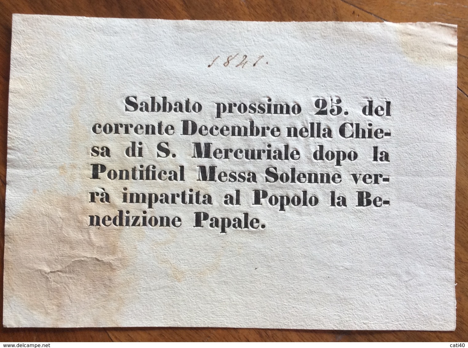 CHIESA DI S.MERCURIALE VOLANTINO A STAMPA PER LA BENEDIZIONE PAPALE AL POPOLO  DEL  25/12/ 1844 - Manoscritti