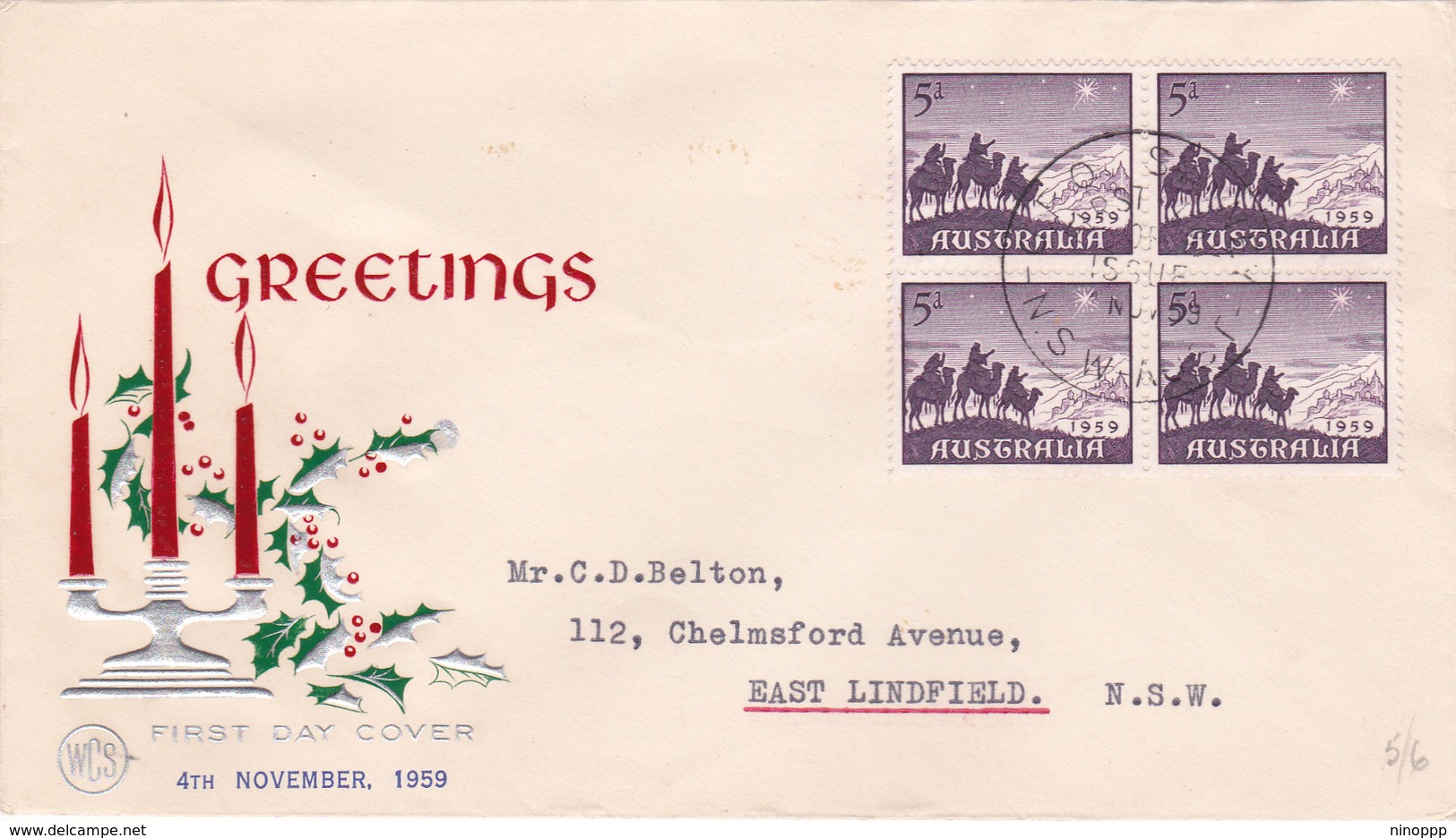 Australia 1959 Christmas,Wesley FDC, Block 4 - FDC