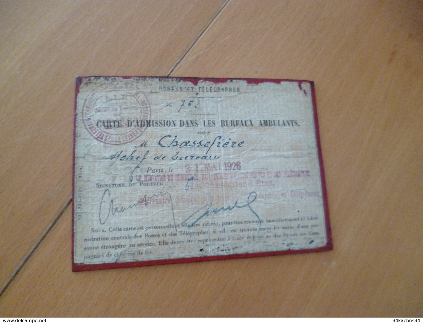 Postes Carte D'admission Dans Les Bureaux Ambulants 1926 Chassefière - Historical Documents