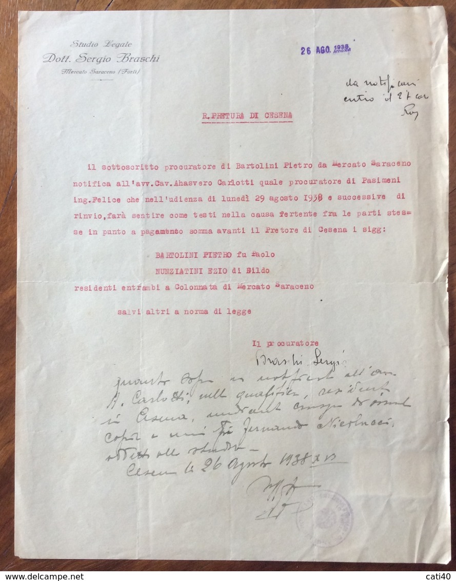 MERCATO SARACENO FORLI' STUDIO LEGALE DR.SERGIO BRASCHI LETTERA CON FIRMA AUTOGRAFA DEL 26/8/1935 - Manoscritti