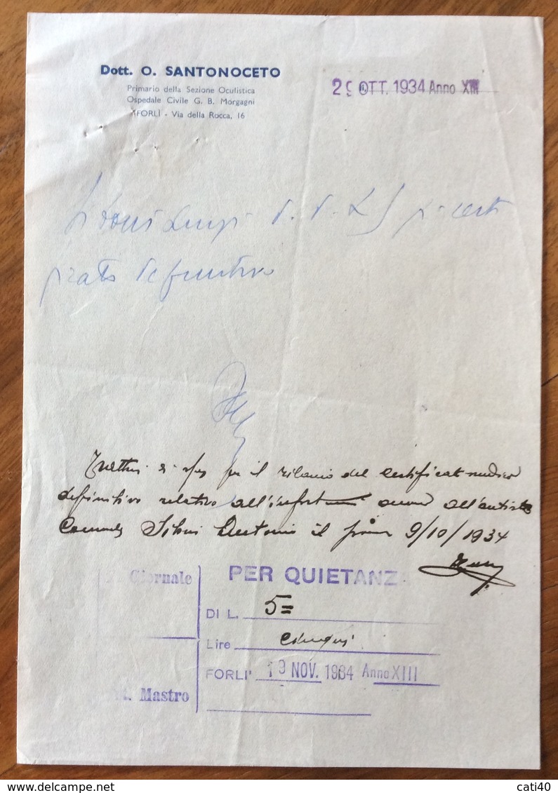 FORLI' SEZIONE OCULISTICA OSPEDALE G.B.MORGAGNI  LETTERA DEL DR. O. SANTONOCETO IN DATA 29/10/1934 - Manoscritti