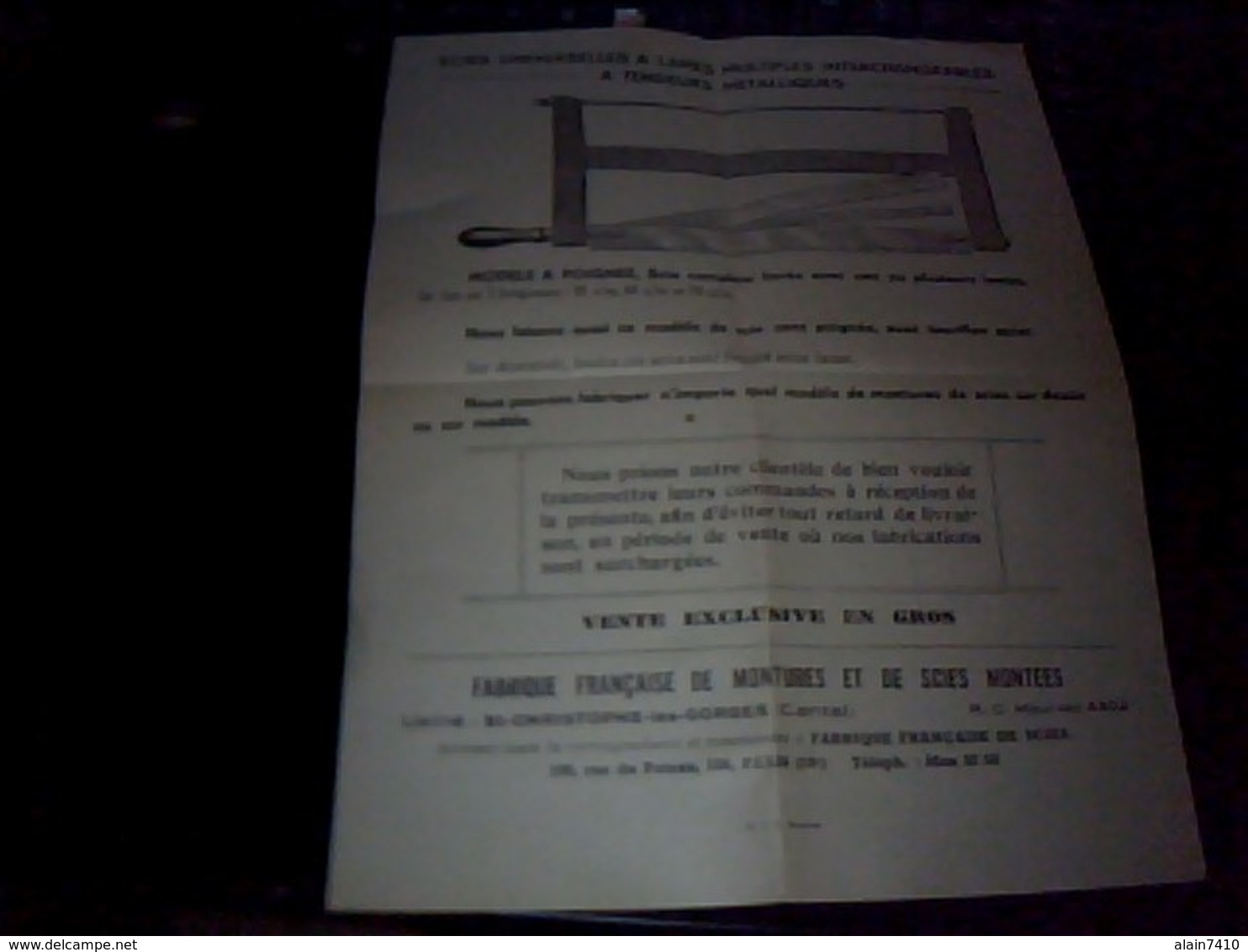 Publicité Tract Fabrique Francaise De Scies Montees A St Christophe Les Gorges Cantal Annee 1948 - Publicités