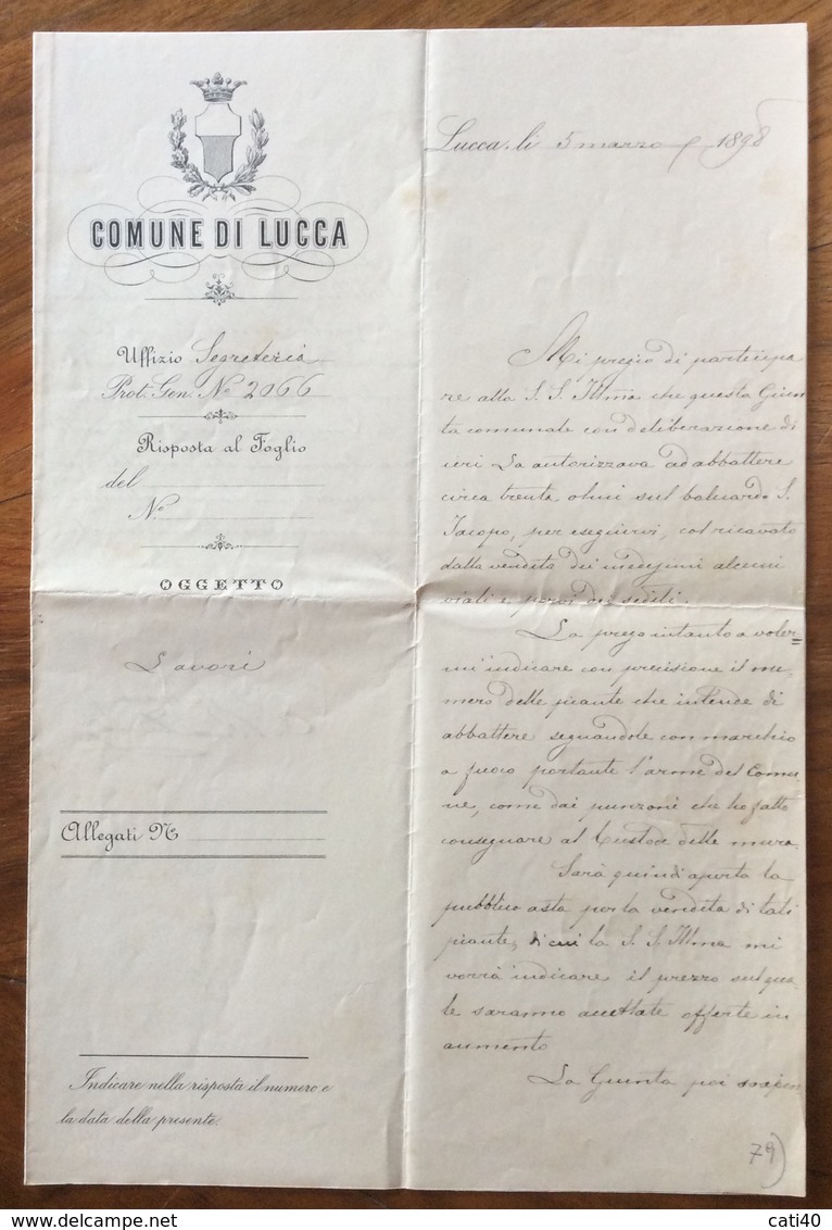 COMUNE DI LUCCA  LETTERA DEL SINDACO PER ABBATTERE "...30 Olmi Sul Baluardo S.IACOPO..." In Data 3/3/1898 R - Manoscritti
