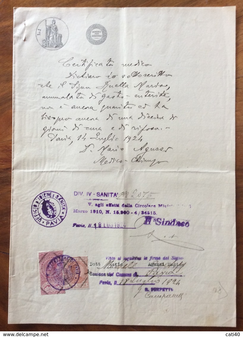 PAVIA UFFICO IGIENE E SANITA' DOCUMENTO IN CARTA BOLLATA E MARCHE DA BOLLO TIMBRI E FIRME AUTOGRAFE DEL 18/7/24 - Manoscritti