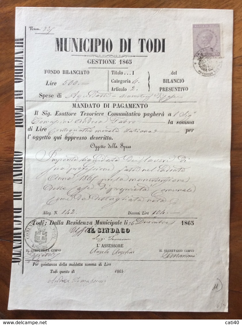 MUNICIPIO DI TODI  MANDATO DI PAGAMENTO CON MARCA DA BOLLO TIMBRI E FIRME AUTOGRAFE DEL 26/12/1865 - Manoscritti