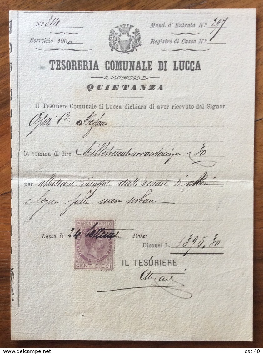 LUCCA TESORERIA COMUNALE QUIETANZA  CON MARCA DA BOLLO TIMBRI E FIRME AUTOGRAFE DEL 24/9/1900 - Manoscritti