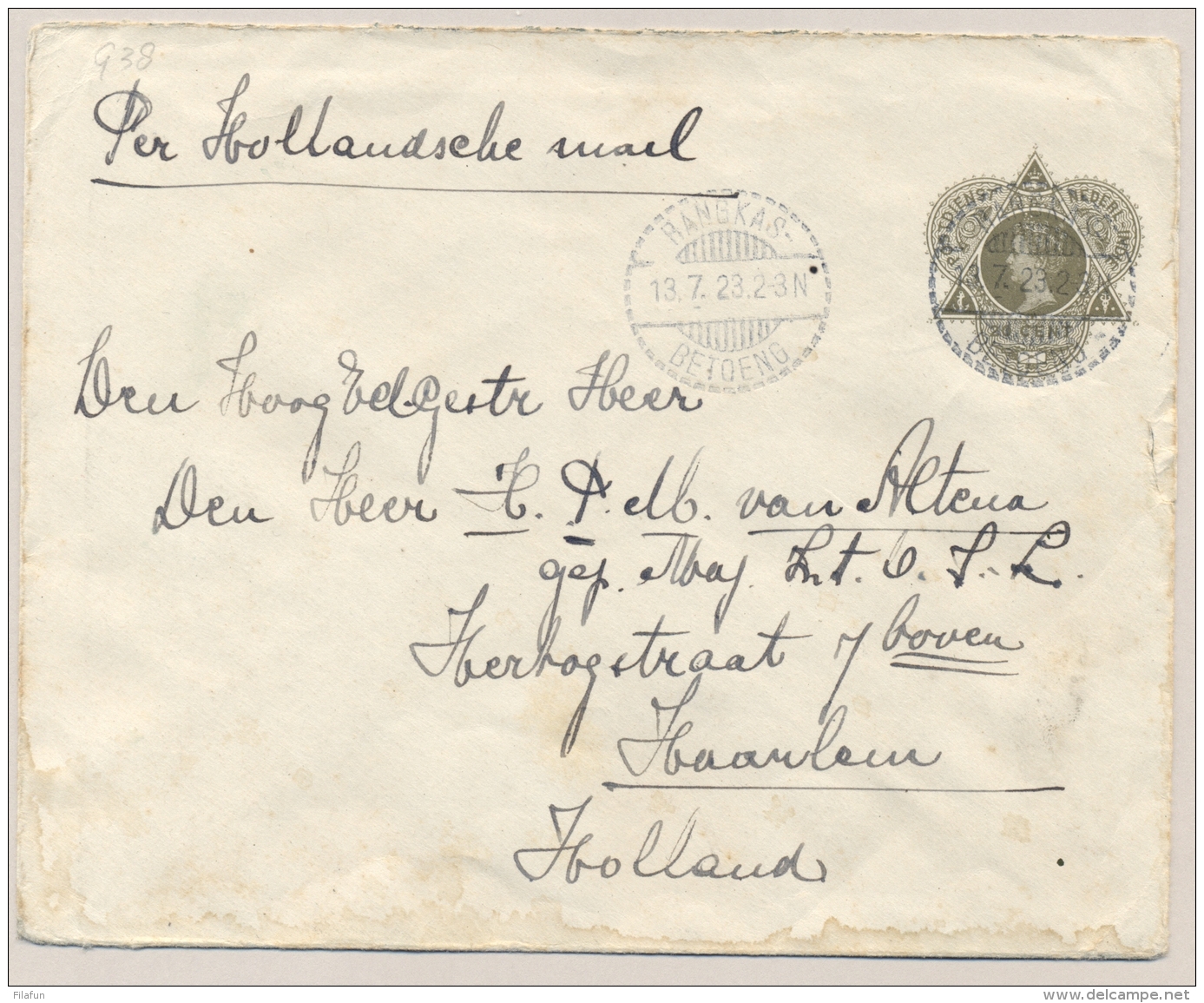 Nederlands Indië - 1923 - 20 Cent Wilhelmina, Envelop G38 Van LB RANGKAS BETOENG Naar Haarlem / Nederland - Niederländisch-Indien